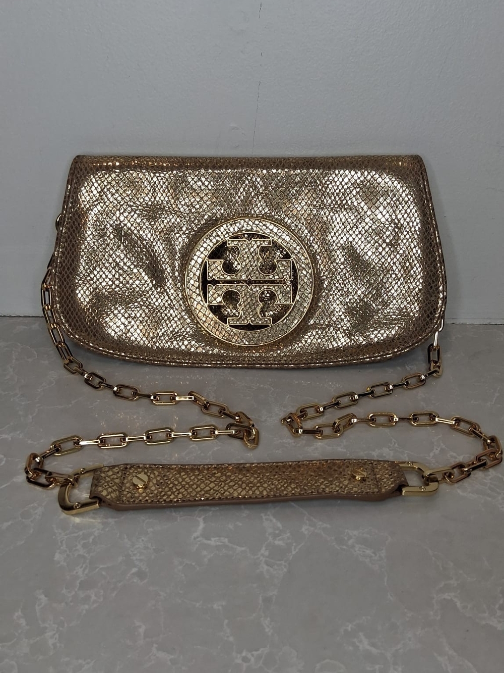 Tory Burch Reva Gold Metallic Snakeskin Clutch Crossbody Bag - Discontinued